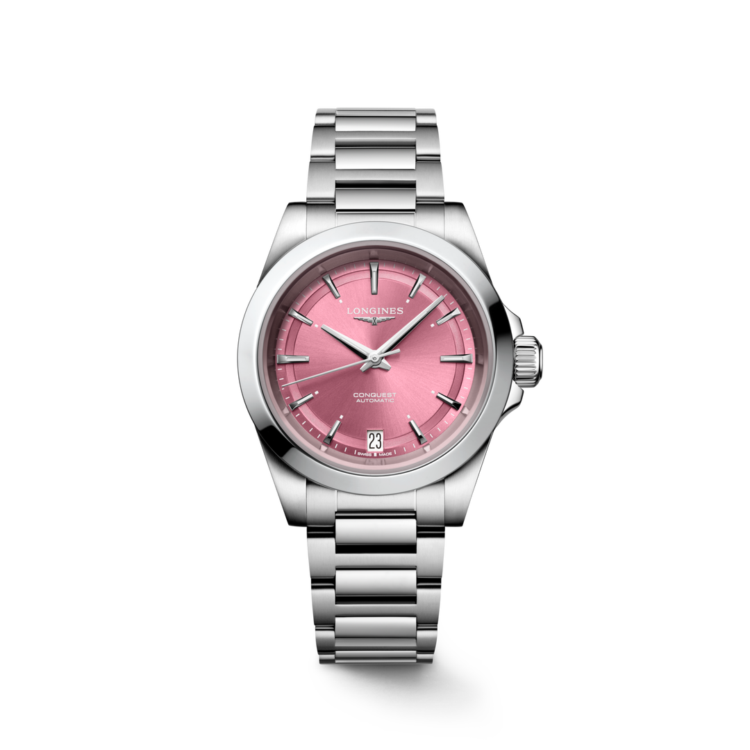 Il Longines Conquest L3.430.4.99.6&nbsp;è un orologio automatico da donna con cassa in acciaio inossidabile da 34 mm e quadrante rosa a lavorazione "a raggera". Elegante e funzionale, presenta indici applicati e lancette argentate luminescenti Swiss Super-LumiNova® per una leggibilità ottimale. Equipaggiato con il calibro automatico L888, dotato di bilanciere in silicio e riserva di carica di circa 72 ore, offre funzioni di ore, minuti, secondi e datario. La cassa è protetta da un vetro zaffiro antigra