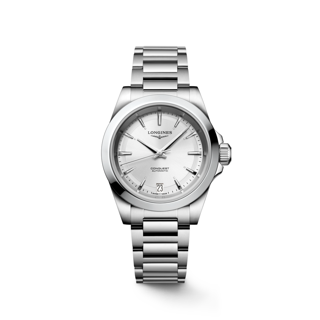 Quadrante argento a raggi di sole con indici applicati e lancette argentate lucide, Swiss Super-LumiNova® dell'orologio Longines Conquest