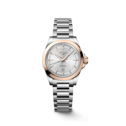 Orologio Longines Conquest L33205726 con cassa in acciaio da 30 mm e maglia centrale in oro rosa 18 carati, quadrante argenté a raggi di sole con indici applicati e lancette rosa.