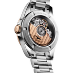 Load image into Gallery viewer, Vista laterale del Longines Conquest L33205726 evidenziando la cassa sottile in acciaio e oro rosa, vetro zaffiro antiriflesso e bracciale a maglie in acciaio e oro rosa.
