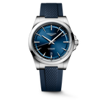 Load image into Gallery viewer, Orologio Longines Conquest L38304929 con cassa in acciaio da 41 mm, quadrante blu a raggi di sole con indici applicati e lancette argentate lucide, cinturino in caucciù blu e vetro zaffiro antiriflesso.
