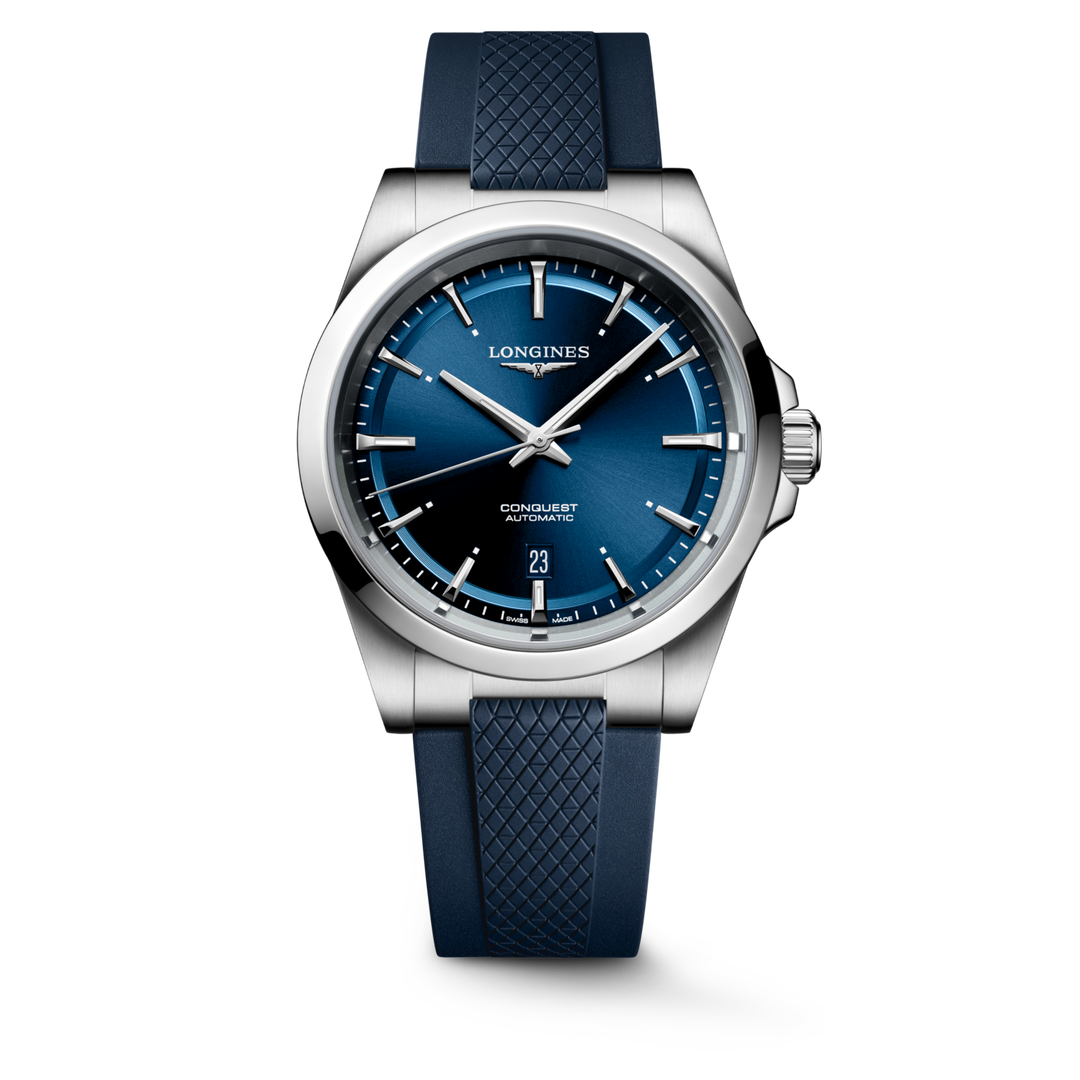 Orologio Longines Conquest L38304929 con cassa in acciaio da 41 mm, quadrante blu a raggi di sole con indici applicati e lancette argentate lucide, cinturino in caucciù blu e vetro zaffiro antiriflesso.