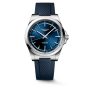 Orologio Longines Conquest L38304929 con cassa in acciaio da 41 mm, quadrante blu a raggi di sole con indici applicati e lancette argentate lucide, cinturino in caucciù blu e vetro zaffiro antiriflesso.