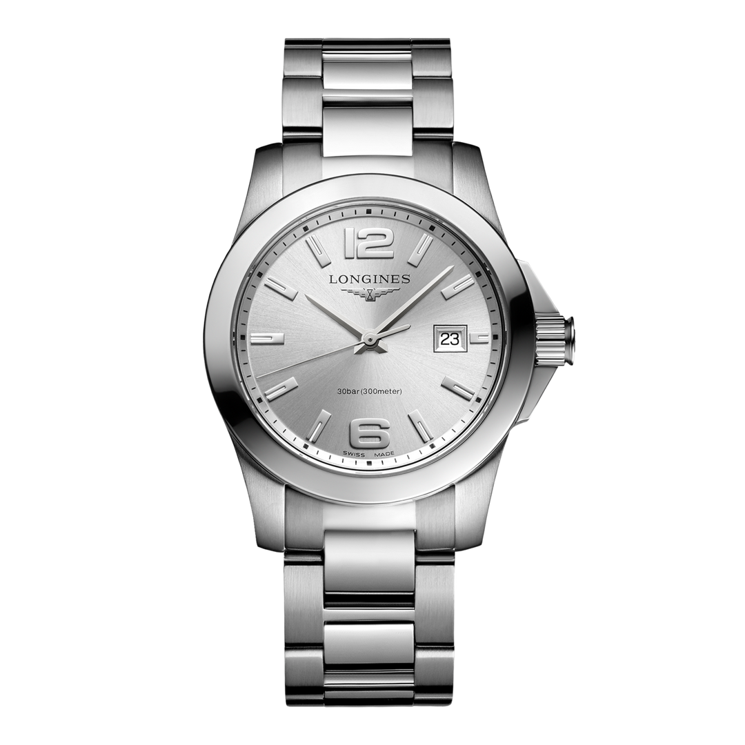 Quadrante argento soleil con indici applicati, lancette dorate e datario a ore 6 dell'orologio Longines Conquest 6