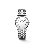 Quadrante argento soleil con indici applicati, lancette dorate e datario a ore 6 dell'orologio Longines Conquest 6