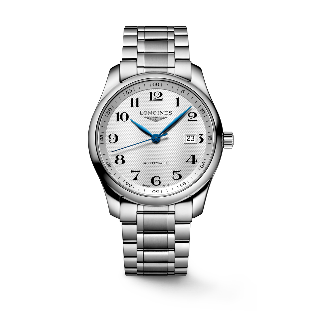 Quadrante argento soleil con indici applicati, lancette dorate e datario a ore 6 dell'orologio Longines Conquest 6