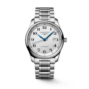 Quadrante argento soleil con indici applicati, lancette dorate e datario a ore 6 dell'orologio Longines Conquest 6