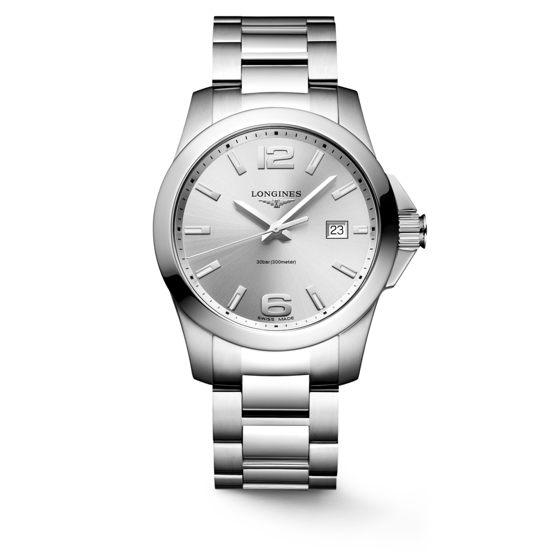 Quadrante blu con indici applicati e lancette rosa dell'orologio Longines Conquest 7