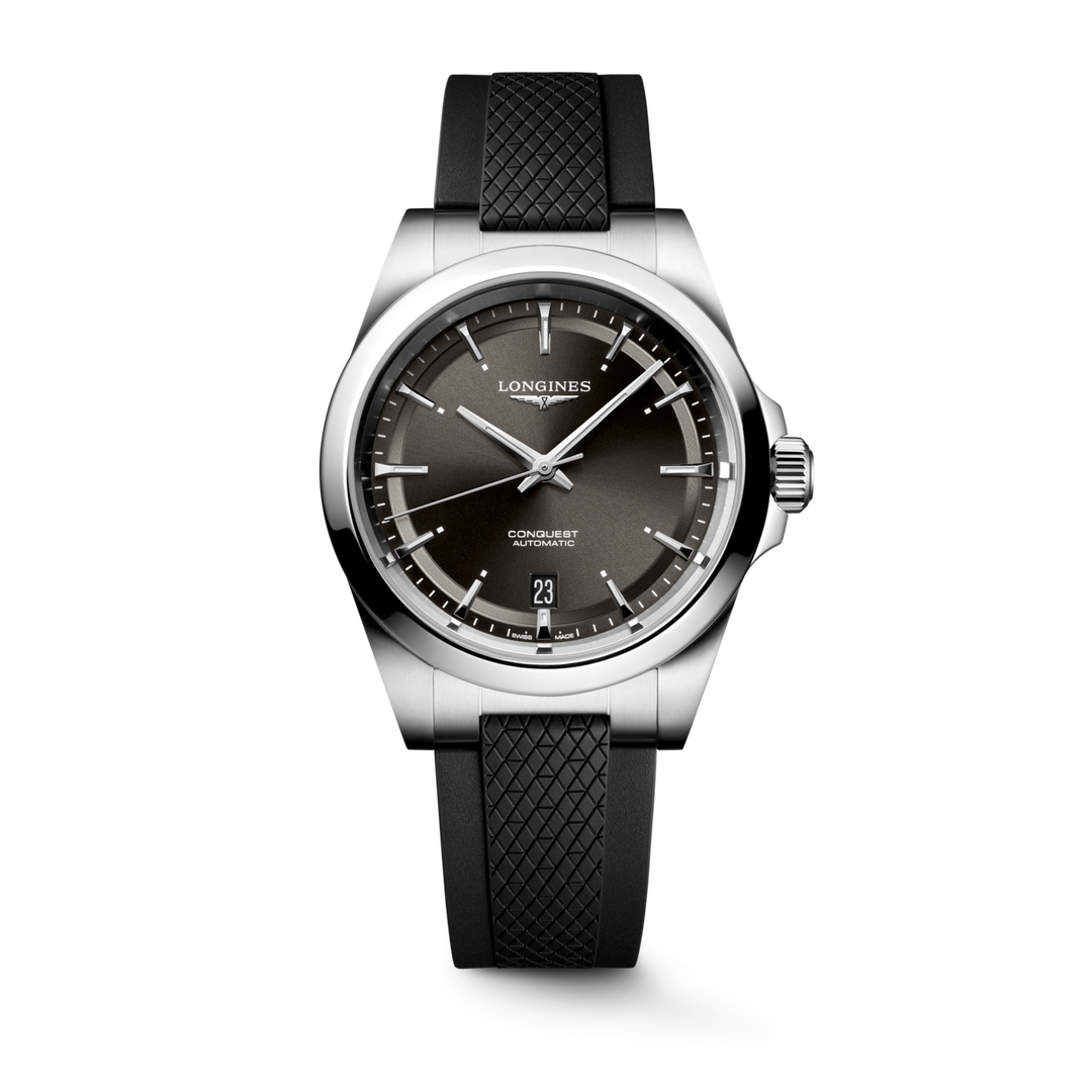 Orologio Longines Conquest L37204529 con cassa rotonda in acciaio inox da 38 mm, quadrante nero a raggi di sole con indici applicati argentati e lancette luminose, datario a ore 3 e vetro zaffiro antiriflesso.