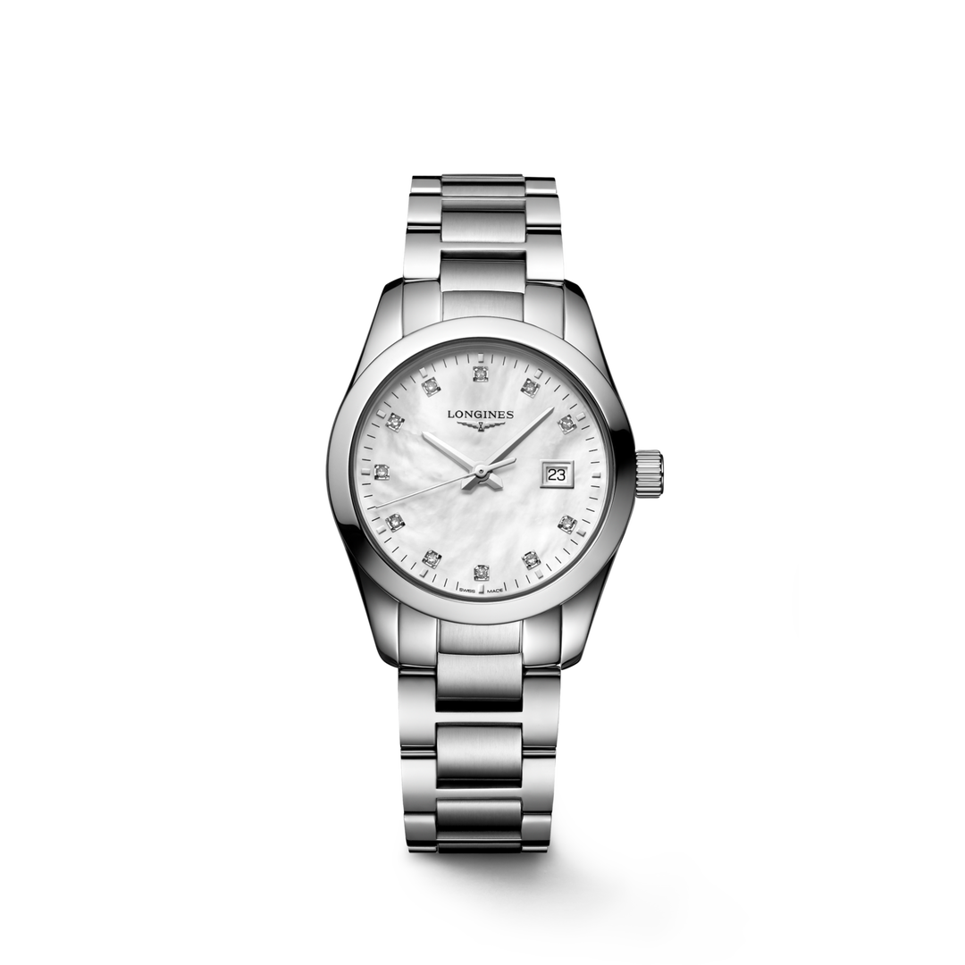 Orologio Longines Evidenza L22864876 con cassa tonneau in acciaio da 35x43 mm, quadrante argenté con numeri romani neri e lancette blu a forma di gladio.