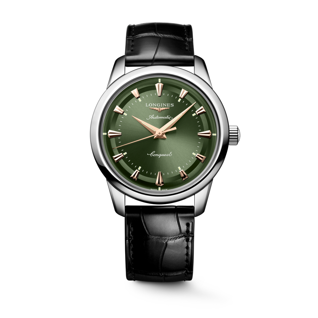 Orologio Longines Conquest Heritage L16504022 con cassa in acciaio da 40 mm, quadrante verde laccato lucido con indici applicati e lancette rosa, datario a ore 3 e vetro zaffiro antiriflesso.