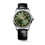 Orologio Longines Conquest Heritage L16504022 con cassa in acciaio da 40 mm, quadrante verde laccato lucido con indici applicati e lancette rosa, datario a ore 3 e vetro zaffiro antiriflesso.