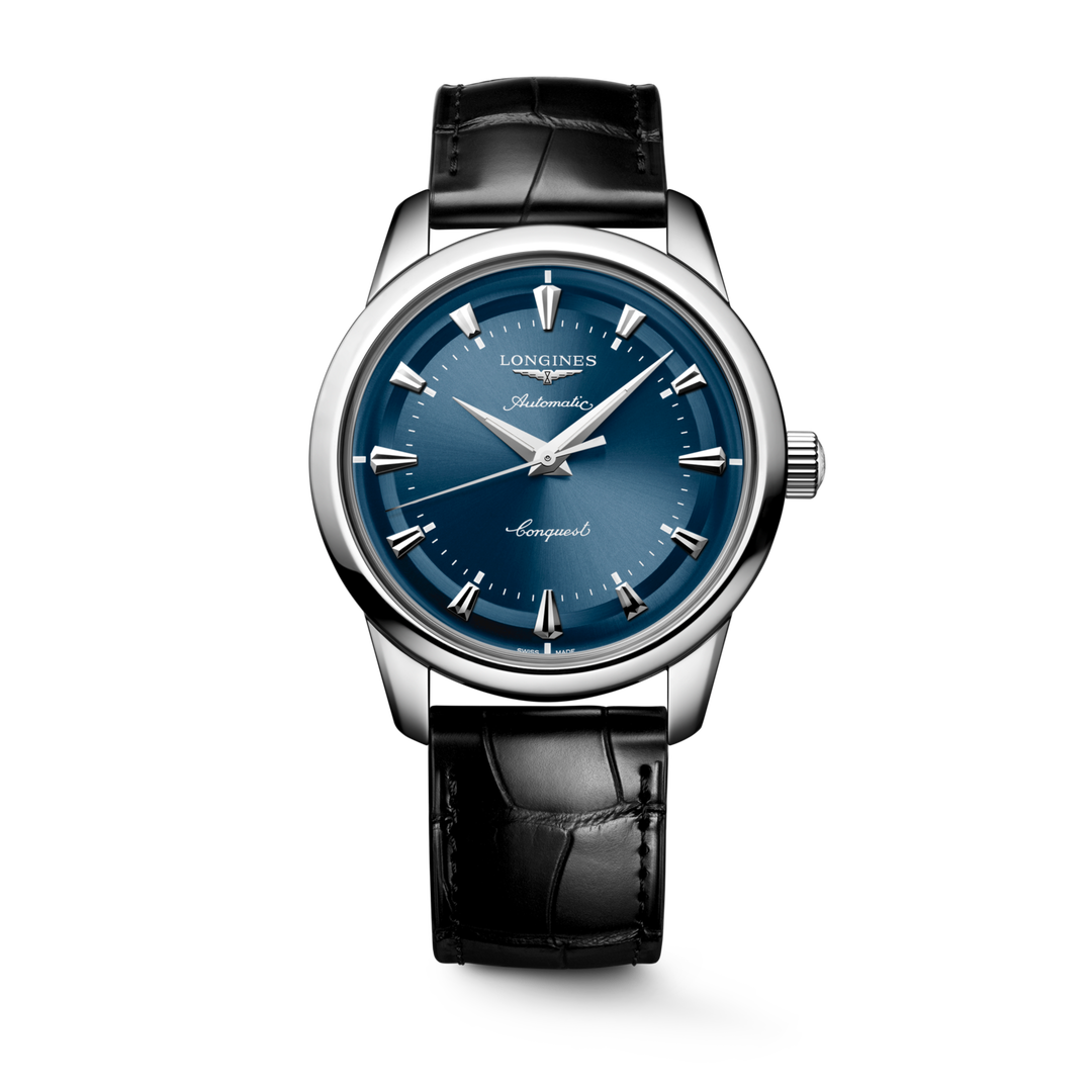 Orologio Longines Conquest Heritage L16504922 con cassa in acciaio da 40 mm e quadrante blu laccato lucido, lancette e indici argento, datario a ore 3.