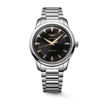 Load image into Gallery viewer, Orologio Longines Conquest Heritage L16504526 con cassa in acciaio da 40 mm, quadrante nero laccato lucido con indici applicati e lancette rosa, cinturino in pelle nera e vetro zaffiro antiriflesso.
