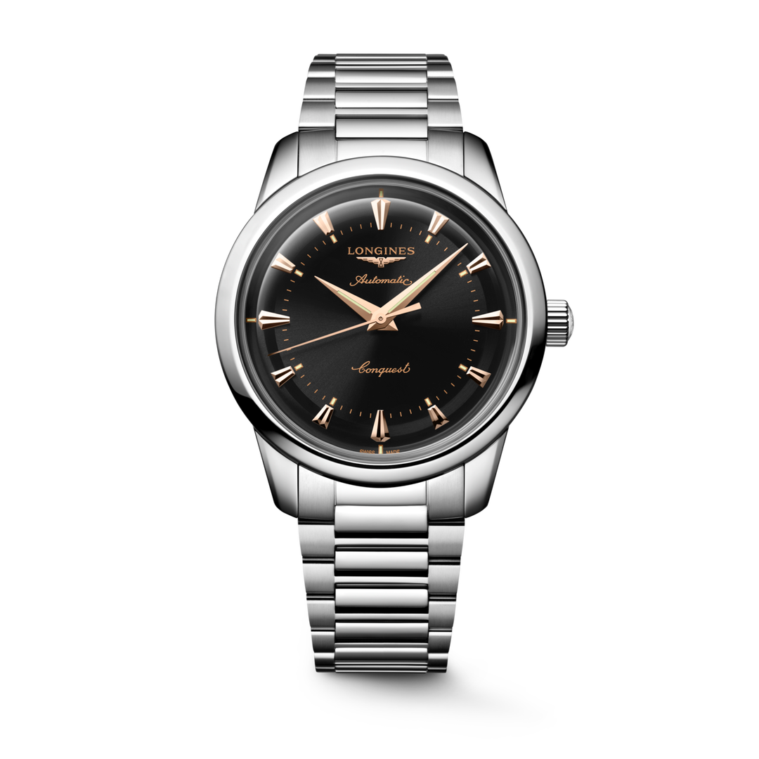 Orologio Longines Conquest Heritage L16504526 con cassa in acciaio da 40 mm, quadrante nero laccato lucido con indici applicati e lancette rosa, cinturino in pelle nera e vetro zaffiro antiriflesso.