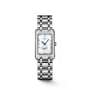 Il Longines Dolcevita L5.255.4.87.6 è un orologio al quarzo da donna dalla raffinata eleganza, caratterizzato da una cassa rettangolare in acciaio inossidabile da 20,80 x 32,00 mm con quadrante in madreperla bianca impreziosito da 13 diamanti Top Wesselton VS-SI incastonati per un totale di 0,059 carati. Le lancette azzurrate completano l’aspetto sofisticato del quadrante. Questo modello monta un movimento Swiss Made calibro L178 con funzione End of Life (E.O.L.) e una batteria RENATA 379. Imperme
