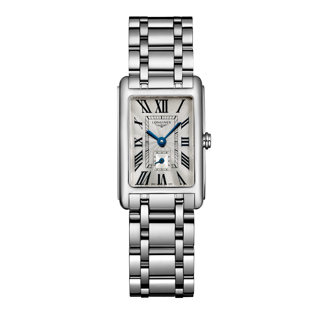 Quadrante color argento flinqué con indici a numeri romani e piccoli secondi a ore 6 dell'orologio Longines Dolcevita 3