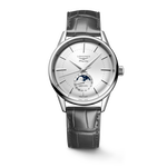 Load image into Gallery viewer, Quadrante argento a raggi di sole con indici applicati, lancette argentate lucide e indicatore delle fasi lunari a ore 6 dell&#39;orologio Longines Flagship Heritage Moonphase
