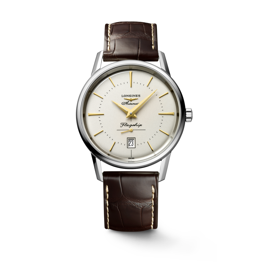 Cinturino in pelle di alligatore grigio con fibbia tradizionale dell'orologio Longines Flagship Heritage Moonphase