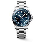 Load image into Gallery viewer, Quadrante blu a raggi di sole con indici applicati luminosi e lancette argentate lucide con trattamento Swiss Super-LumiNova® dell&#39;orologio Longines HydroConquest GMT
