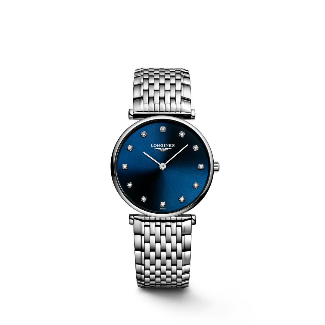 Quadrante bianco semplice con sottili indici a bastone e lancette blu dell'orologio Longines La Grande Classique
