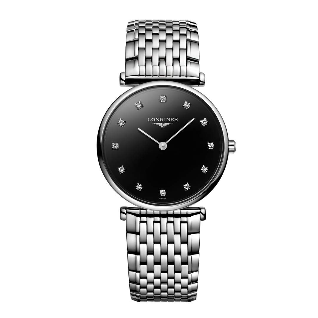 Quadrante nero laccato lucido con 12 diamanti Top Wesselton VS-SI incastonati come indici dell'orologio Longines La Grande Classique con movimento al quarzo