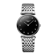 Quadrante nero laccato lucido con 12 diamanti Top Wesselton VS-SI incastonati come indici dell'orologio Longines La Grande Classique con movimento al quarzo