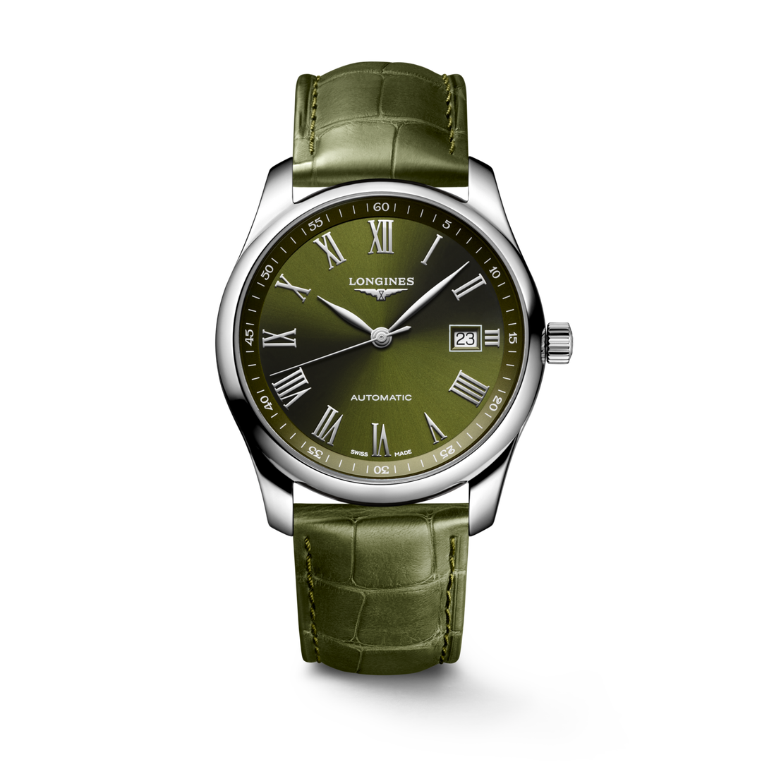 Quadrante verde con numeri romani applicati e lancette argentate lucide dell'orologio Longines Master Collection automatico