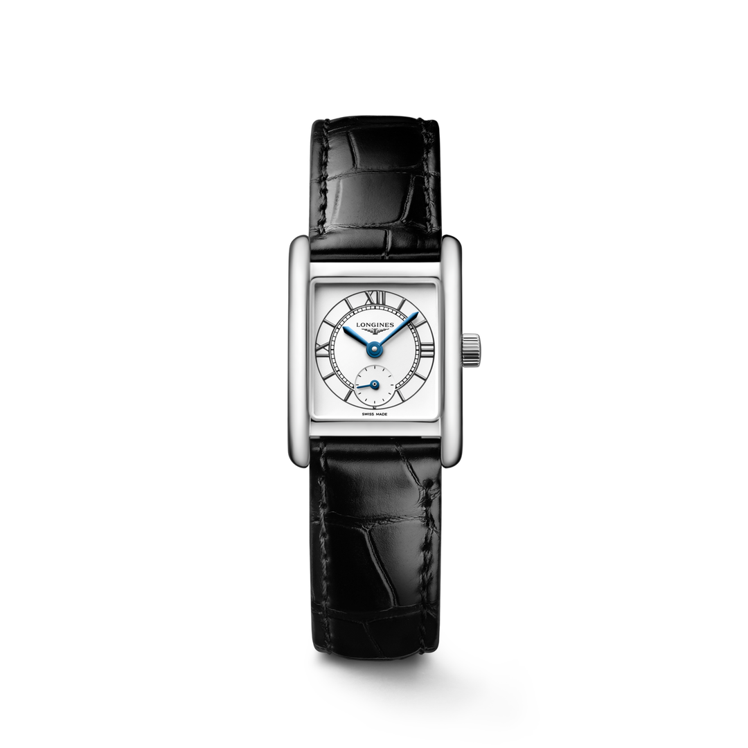 Quadrante argento con numeri romani e indici dipinti, lancette in acciaio azzurrato dell'orologio Longines Mini Dolcevita