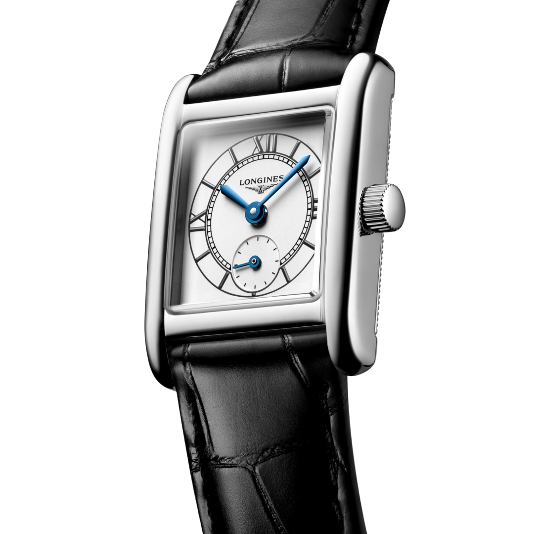 Cassa rettangolare in acciaio inox da 21,50 x 29 mm con vetro zaffiro antigraffio e trattamento antiriflesso multistrato del Longines Mini Dolcevita