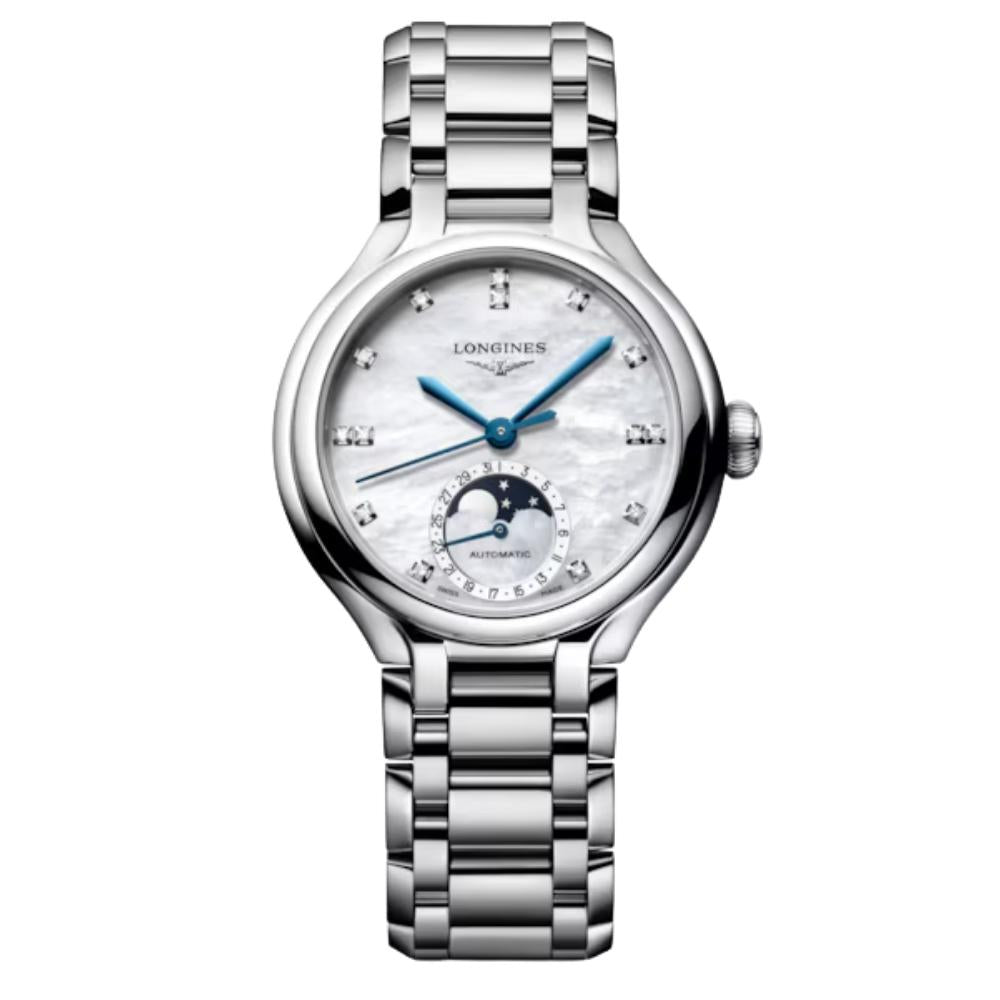 Orologio Longines elegante da uomo, cassa in acciaio da 40mm, quadrante blu soleil con indici a bastone argento e datario a ore 3, movimento automatico e bracciale in acciaio lucido. Design raffinato adatto a occasioni formali.
