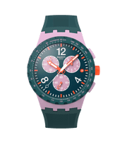 Quadrante verde scuro testurizzato con numeri bianchi e lancette arancioni del cronografo Swatch Moment of Rose SUSP400.