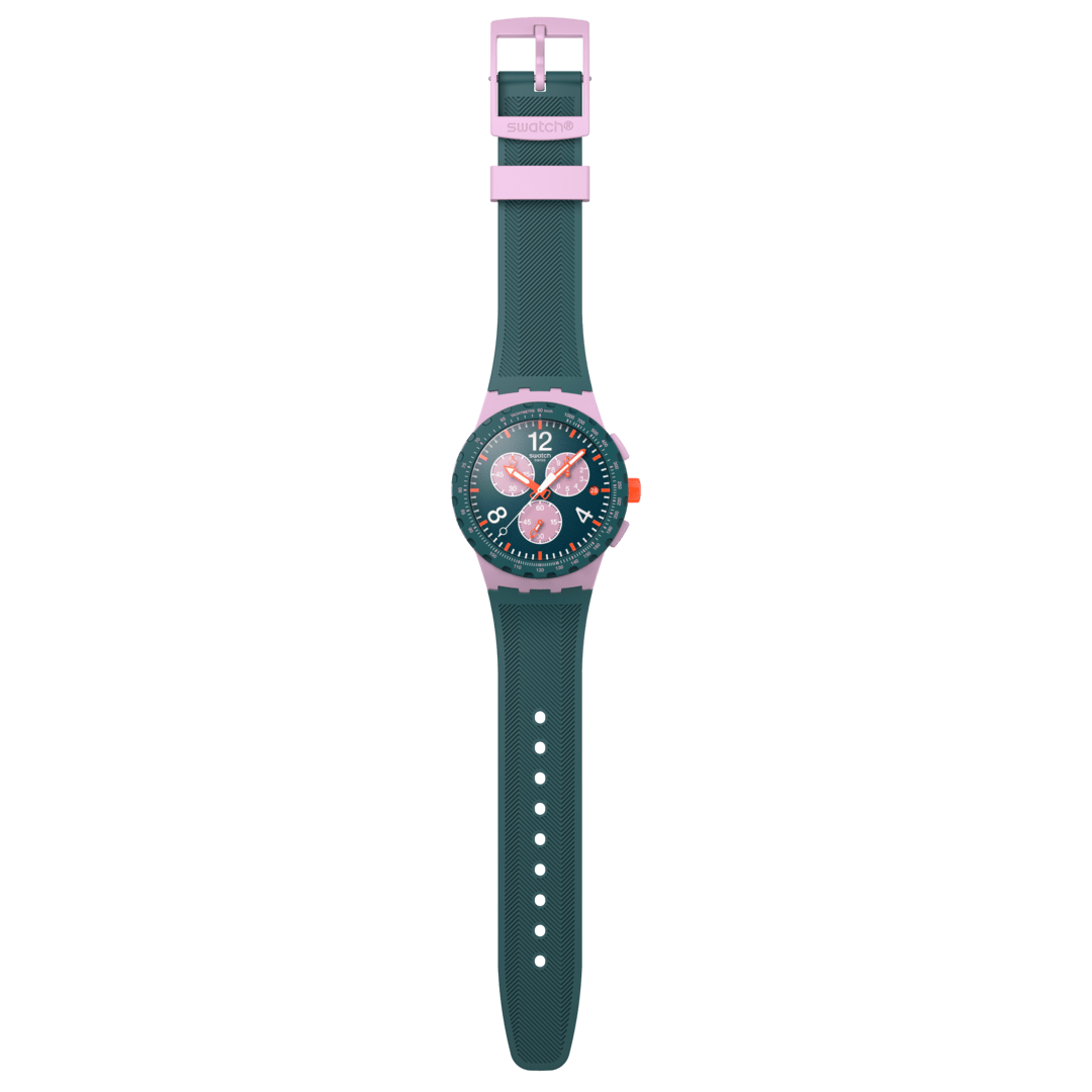 Cinturino in resina verde con fibbia rosa dell’orologio Swatch Moment of Rose SUSP400.