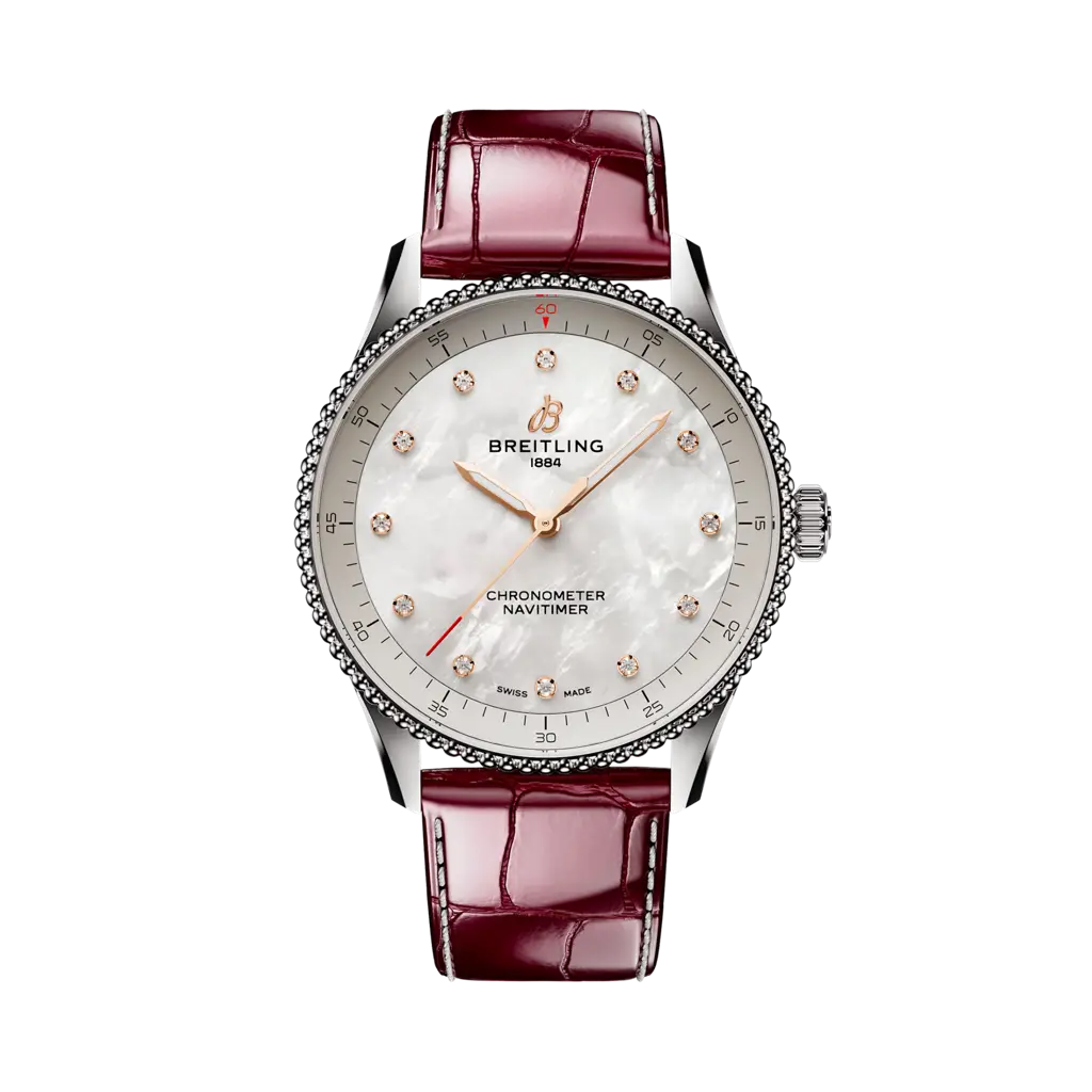 Cassa in acciaio da 32 mm e quadrante madreperla con diamanti sintetici, design elegante e raffinato.