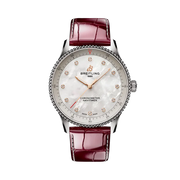 Cassa in acciaio da 32 mm e quadrante madreperla con diamanti sintetici, design elegante e raffinato.