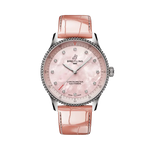 Load image into Gallery viewer, Dettaglio frontale del Breitling Navitimer 32 A77320D91K1P1 con quadrante rosa madreperla e cinturino rosa in pelle di coccodrillo.
