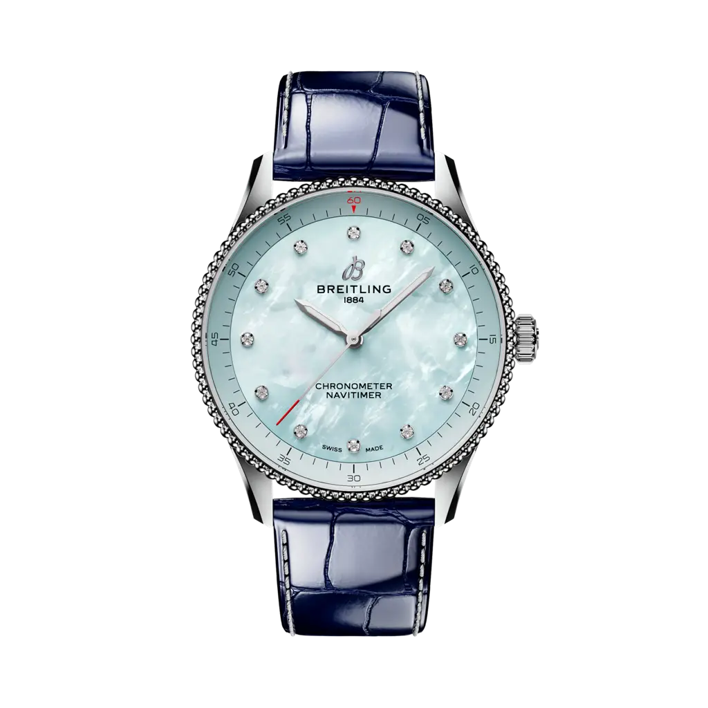 Quadrante blu madreperla del Breitling Navitimer 32 A77320171C1P1 con indici a bastone e lancette luminescenti.