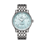 Load image into Gallery viewer, Quadrante azzurro luminoso con indici a bastone e lancette luminescenti del Breitling Navitimer 32 A77320171C1A1.
