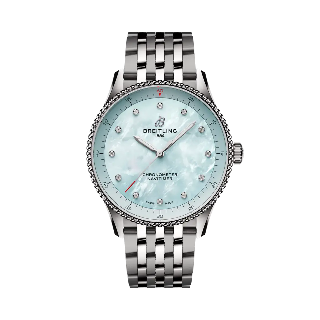 Quadrante azzurro luminoso con indici a bastone e lancette luminescenti del Breitling Navitimer 32 A77320171C1A1.