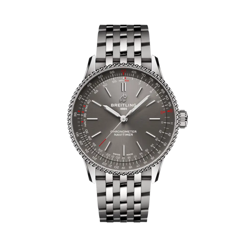Vista frontale del Breitling Navitimer Automatic 36 A17327381B1P1 con quadrante antracite e lunetta con regolo calcolatore.