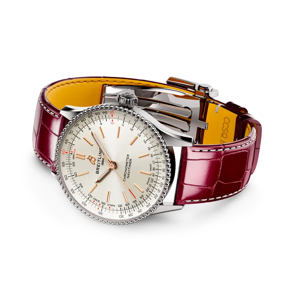 Cassa in acciaio inossidabile da 36 mm e cinturino in pelle di coccodrillo bordeaux con fibbia pieghevole in acciaio del Navitimer Automatic 36