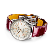 Cassa in acciaio inossidabile da 36 mm e cinturino in pelle di coccodrillo bordeaux con fibbia pieghevole in acciaio del Navitimer Automatic 36