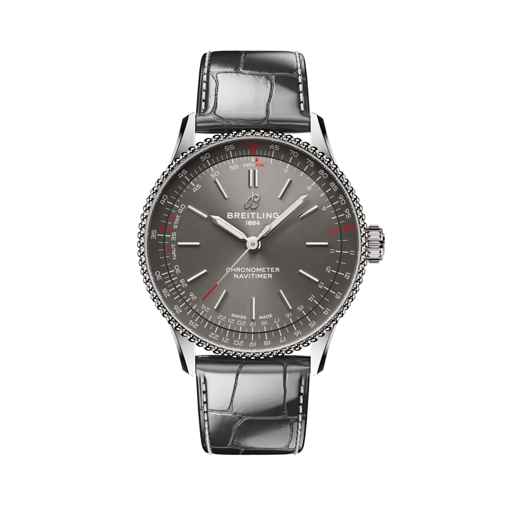Vista frontale del Breitling Navitimer Automatic 36 A17327381B1P1 con quadrante antracite e lancette luminescenti.