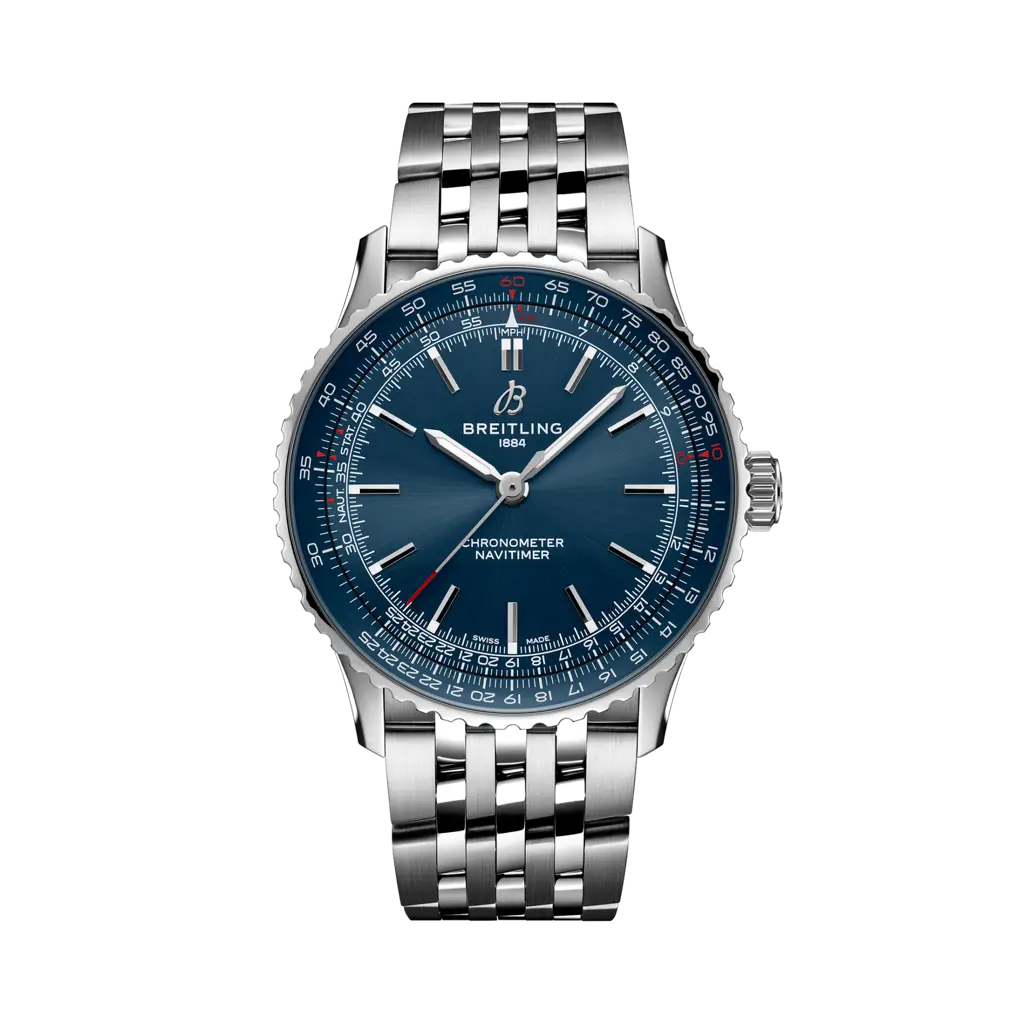 Quadrante nero del Breitling Navitimer Automatic 41 con lancette e indici luminescenti, cristallo zaffiro bombato antiriflesso