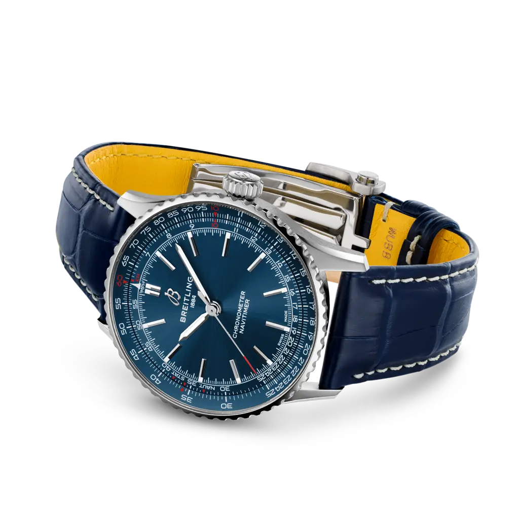 Cinturino blu in pelle di coccodrillo con chiusura pieghevole in acciaio inossidabile del Breitling Navitimer Automatic 41.