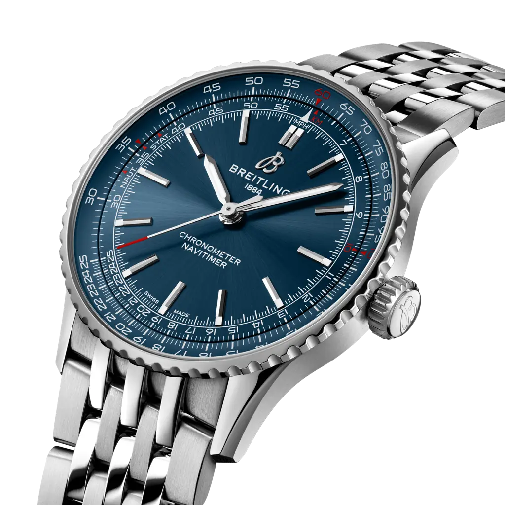 Cassa in acciaio inossidabile da 41 mm e bracciale in acciaio inox del Navitimer Automatic 41 con corona non a vite e lunetta liscia