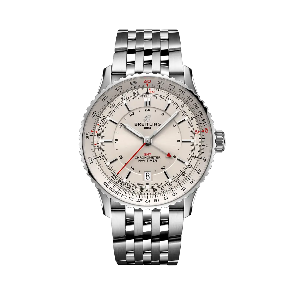 Quadrante blu con indici e lancette luminescenti del Breitling Navitimer Automatic GMT 41 A32310211G1A1 in acciaio inox.