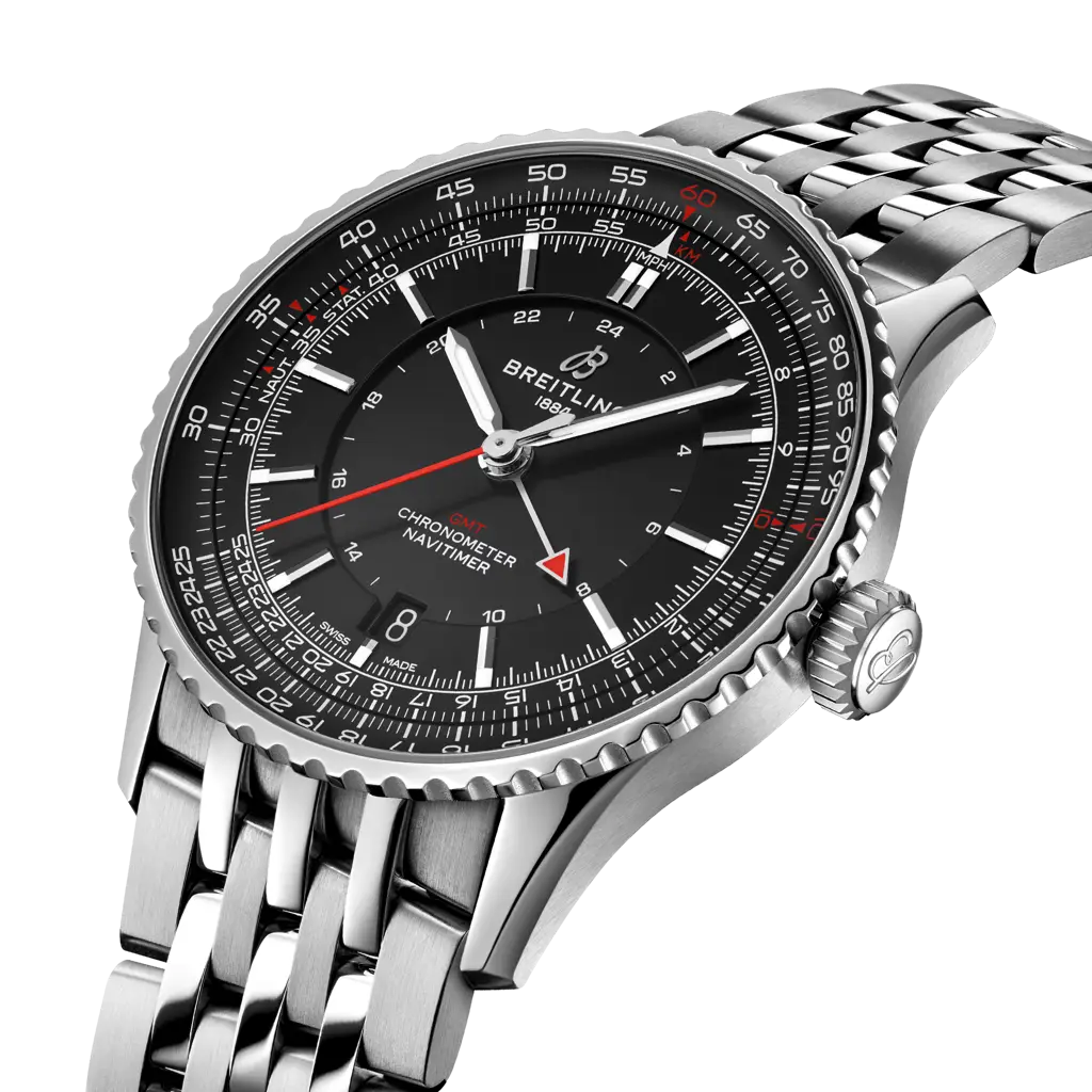 Profilo laterale della cassa rotonda in acciaio inossidabile con vetro zaffiro bombato antiriflesso del Navitimer GMT 41.