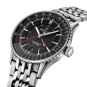 Profilo laterale della cassa rotonda in acciaio inossidabile con vetro zaffiro bombato antiriflesso del Navitimer GMT 41.