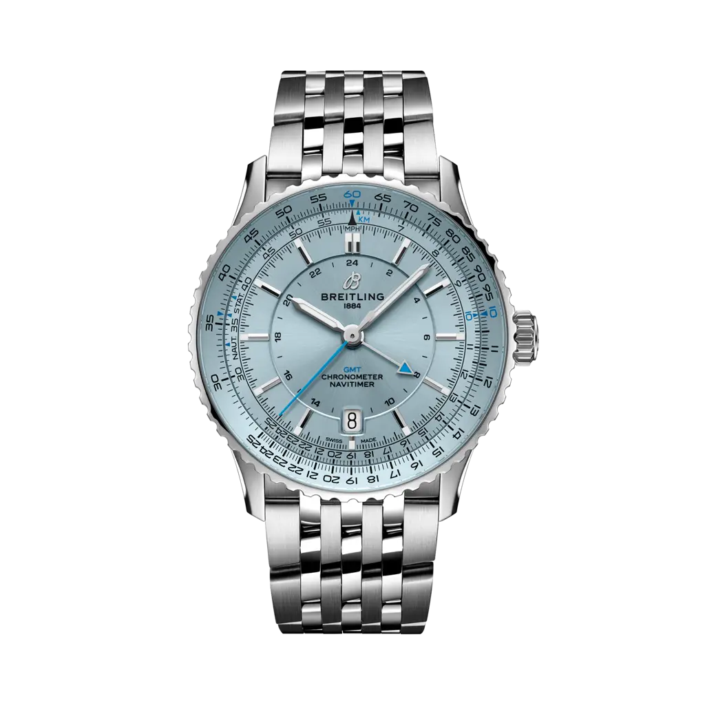 Quadrante blu con indici e lancette luminescenti del Breitling Navitimer Automatic GMT 41 A32310171C1A1 in acciaio inox.